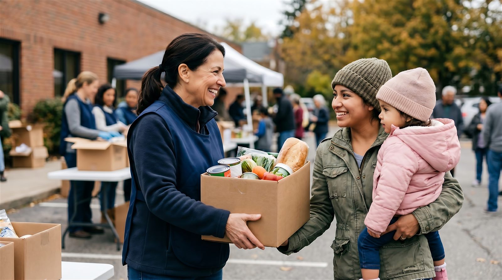 A volunteer handing a box of food to a mother holding her young child at a community give-back event