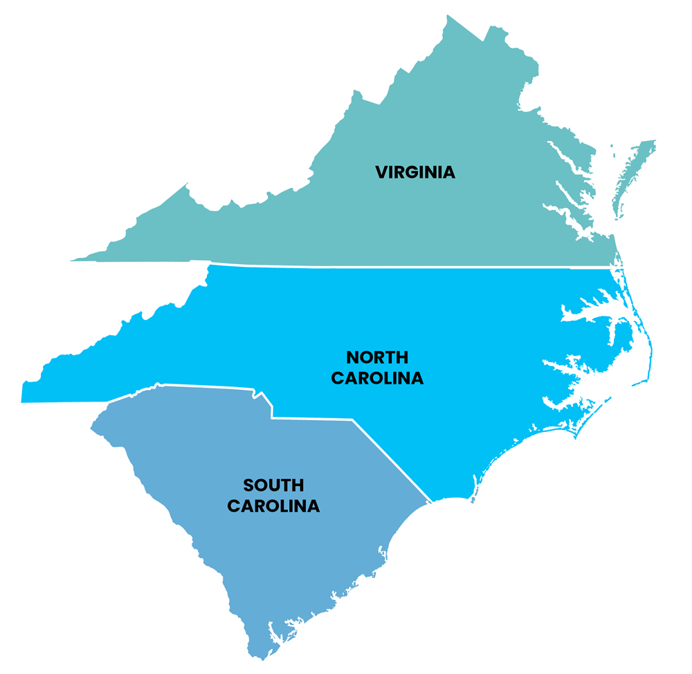 Map of North Carolina, Virginia, and South Carolina, the states Carolina Aerial Wash serves