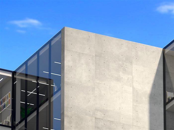 Close-up of a concrete panel building facade